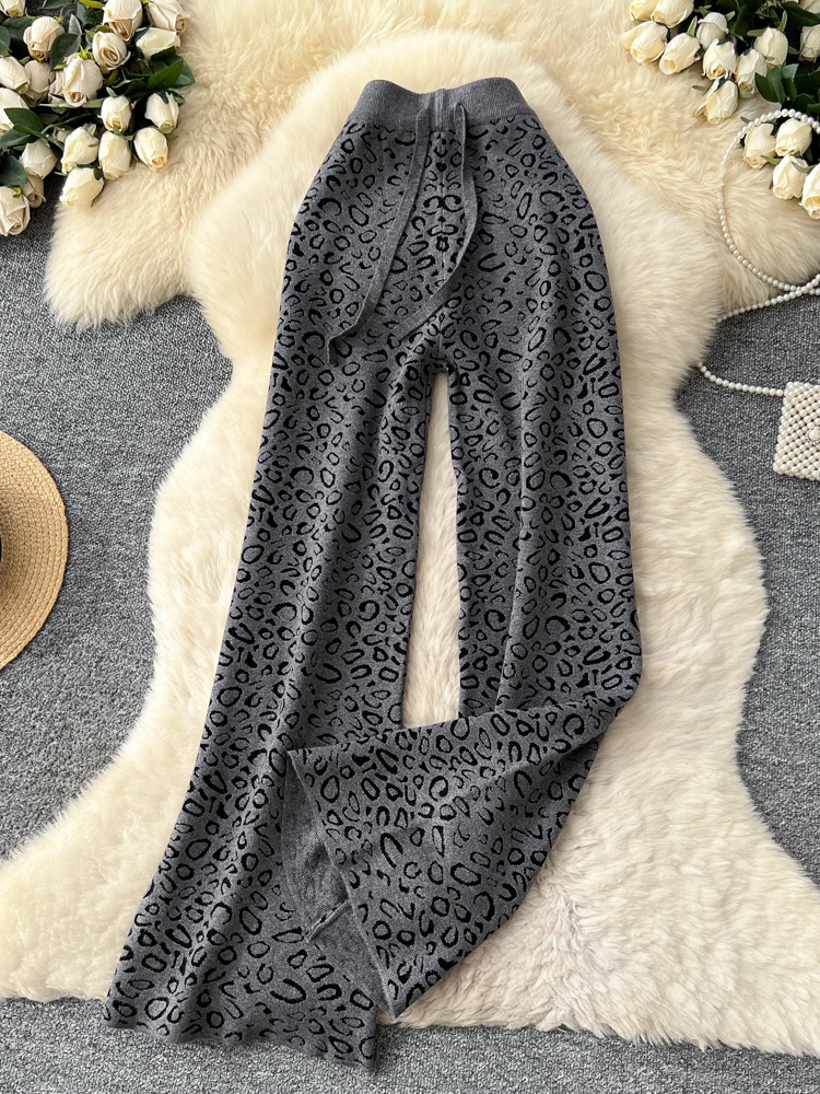 Loose Knitted Wide Leg Pants Women's Soft Lazy Sle Winter High Waist plus Size Leopard Print Floor Length Trousers