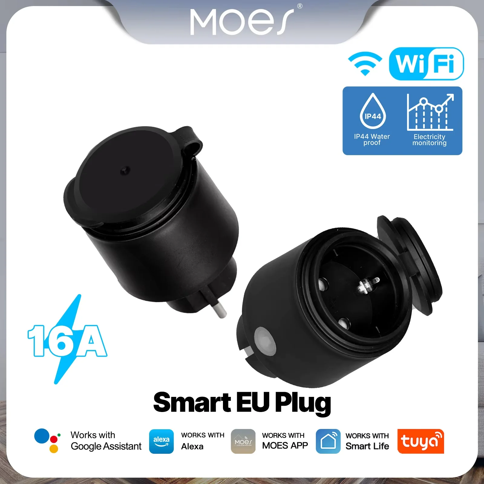 MOES Tuya WiFi Smart Plug 16A EU Socket Outlet IP44 Waterproof Dustproof Power Electricity Monitor Work with Alexa Google Home