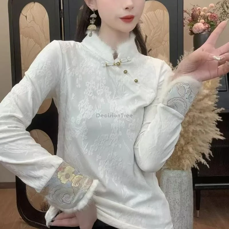 

2025 new chinese retro style embroidery jacquard top stand-up collar cheongsam button base layer autumn elegant tang suit blouse