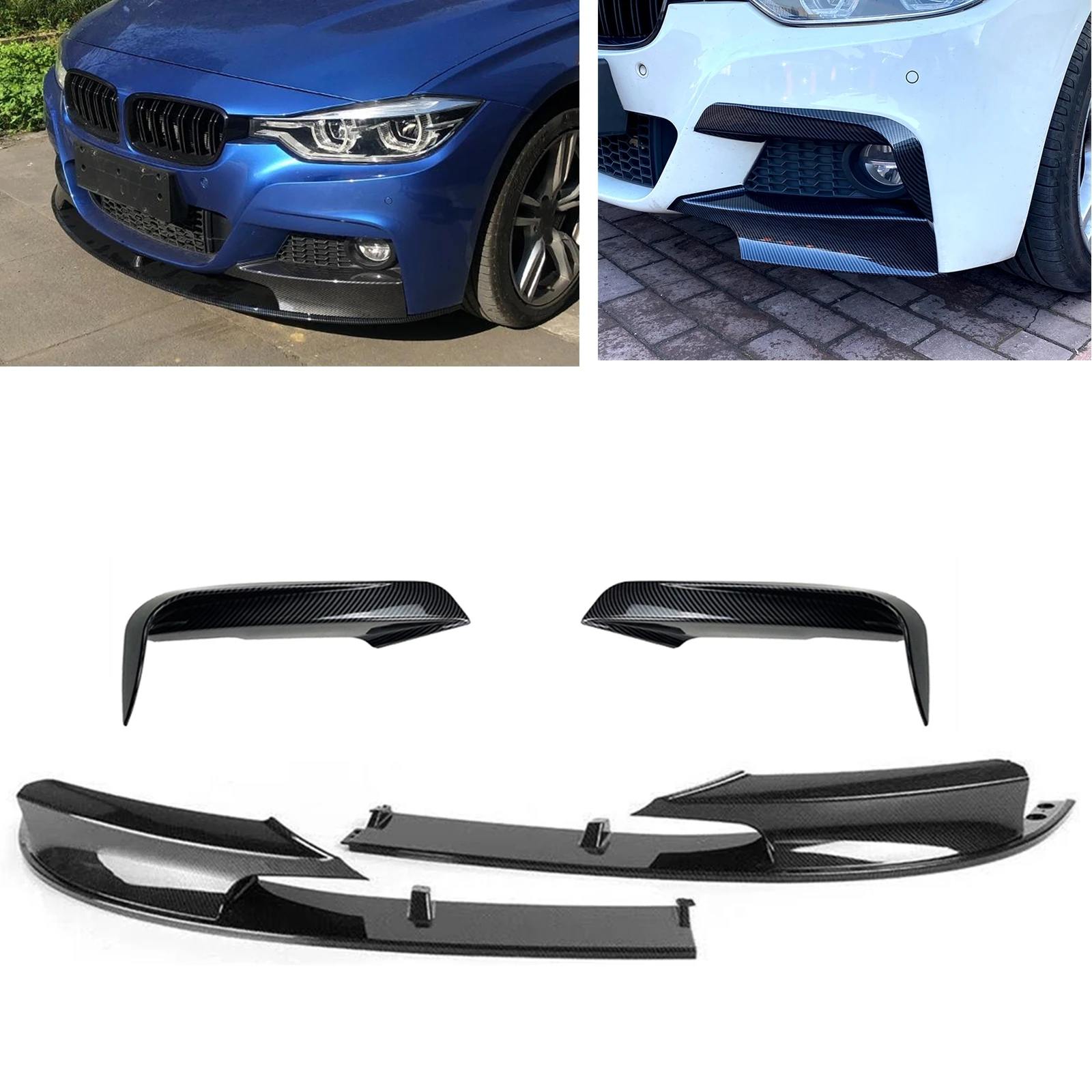 

For BMW 3 Series F30 2012-2018 M Sport Carbon Fiber Look Car Front Bumper Spoiler Lip+Fog Light Lamp Frame Cover Splitter Trim