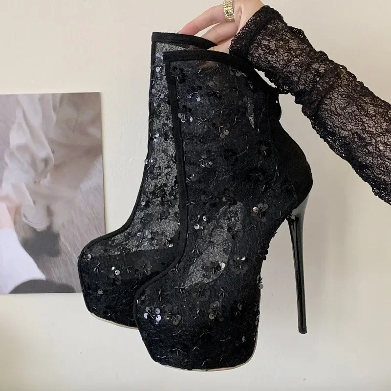 

Aneikeh/модные ботильоны на платформе, женские туфли-лодочки на тонком высоком каблуке для вечеринки, женские туфли-лодочки из ткани с блестками, Botas Mujer