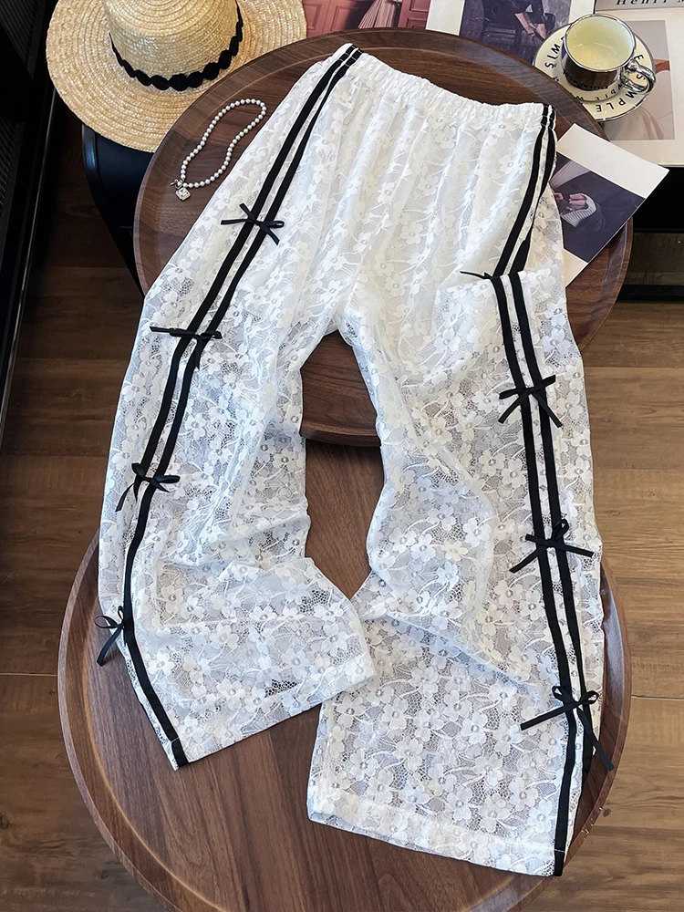 Dynamic Dongdaemun Lace  Knot Elastic Waist Casual Pants Wide Leg Straight Cut Anti-Aging Korean Style Ladies Trousers