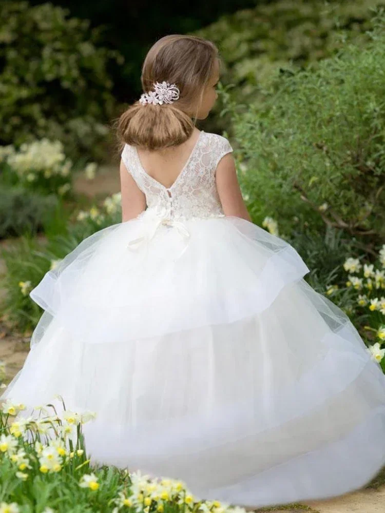 Birthday Pageant Holy Communion Gowns Flower Girl Dresses White Tulle Puffy Lace Appliques Tiered Hem Sleeveless For Weddings