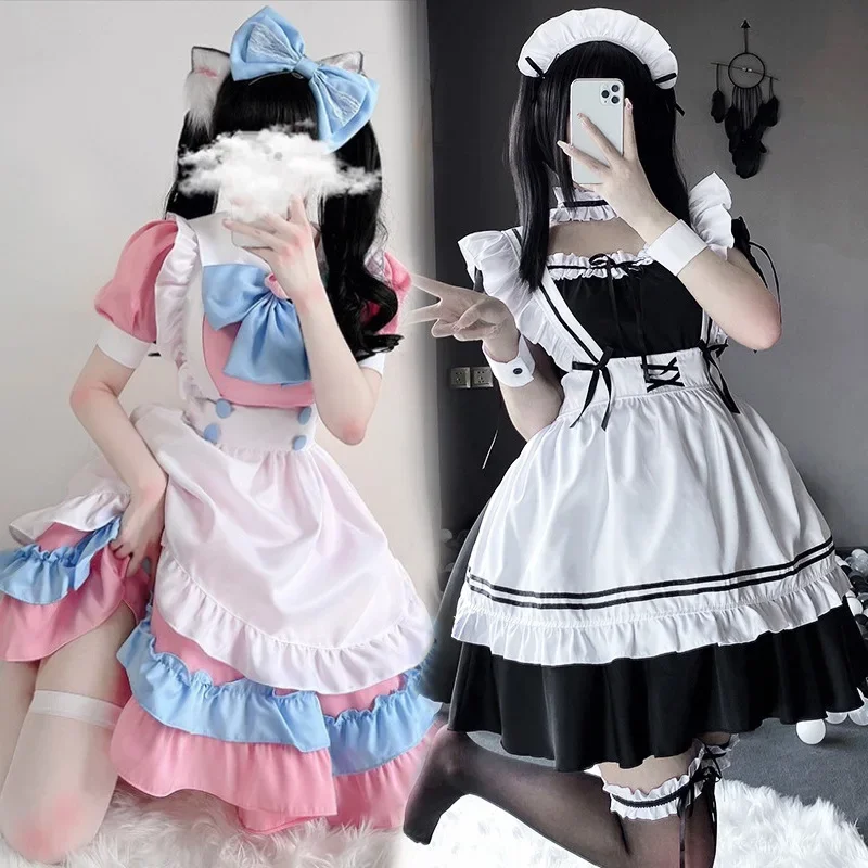 Ragazza morbida giapponese Nero Bianco Lolita Costume da cameriera Costumi Cosplay Abito carino Grembiule francese sexy Uniforme Cameriera Gonna da festa