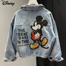 Disney New Arrival Top Fashion Autumn Cotton Loose Casual Cartoon Mickey Mouse Print Beaded Embroidery Destroy Wash Denim Jacket