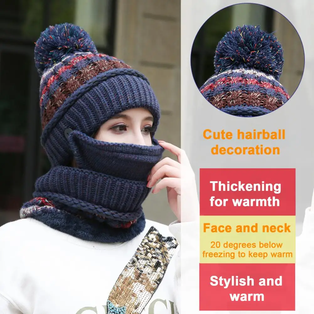 Thickened Hat Scarf Set Cozy Winter Accessories Set Knitting Hat Scarf Face Guard with Plush Lining Furry Ball Decor Stay Warm