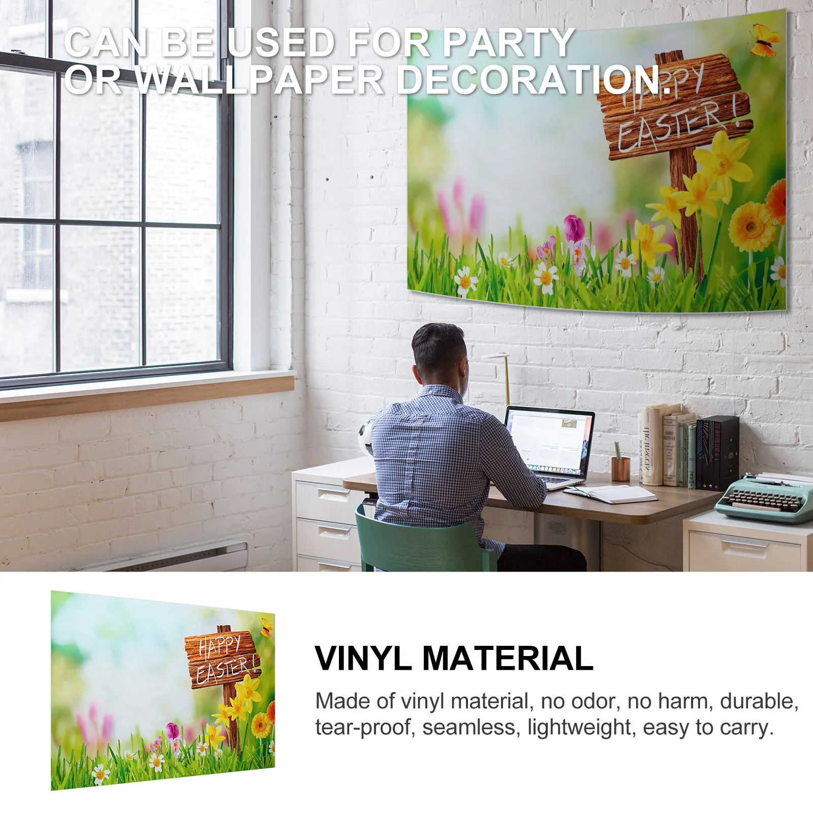 イースターフラワーグラス風景背景布写真撮影用布パーティーの壁の装飾や写真ブースの背景に最適ビニール素材再利用可能