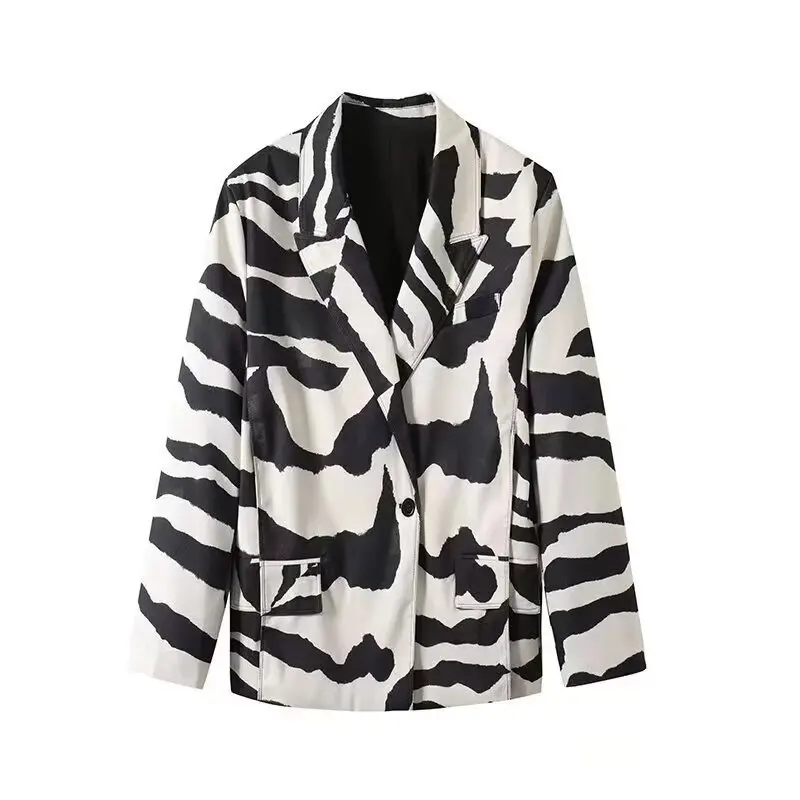 Black White Zebra Stripe Print Blazer Notched Lapel Single Button Loose Long Sleeve Women Streetwear Casual Suit Jacket 202606H