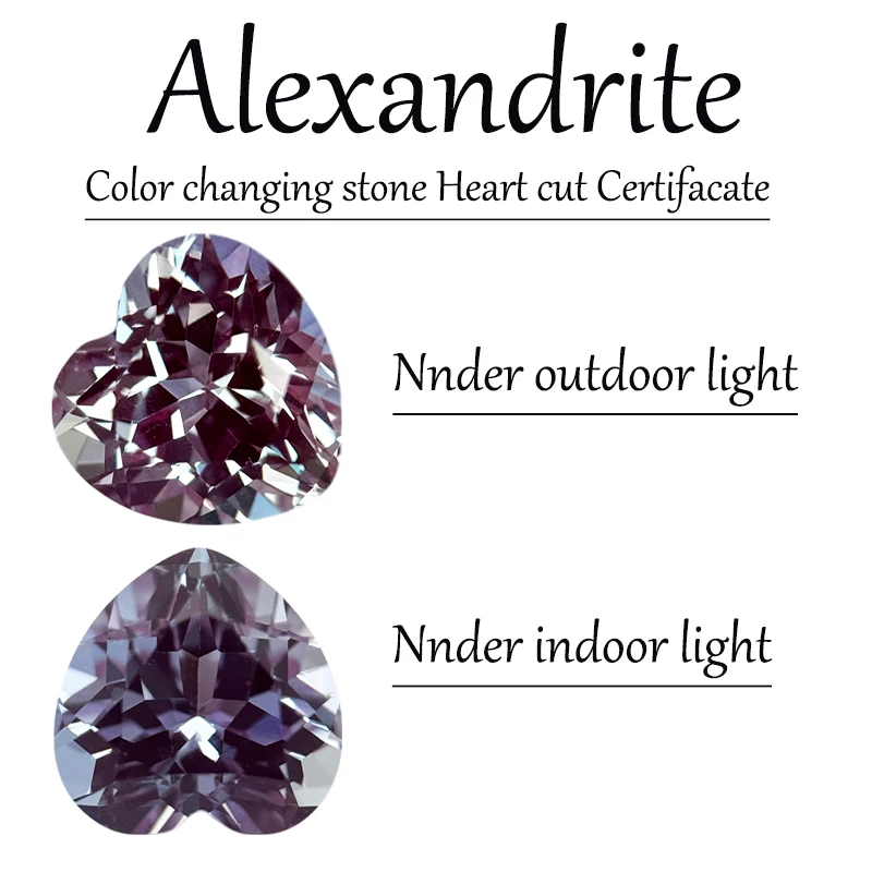 

Heart Shape Lab Grown Alexandrite Color Changing Stone with Certificate Charms for Jewelry Making Materials Factory Wholesale