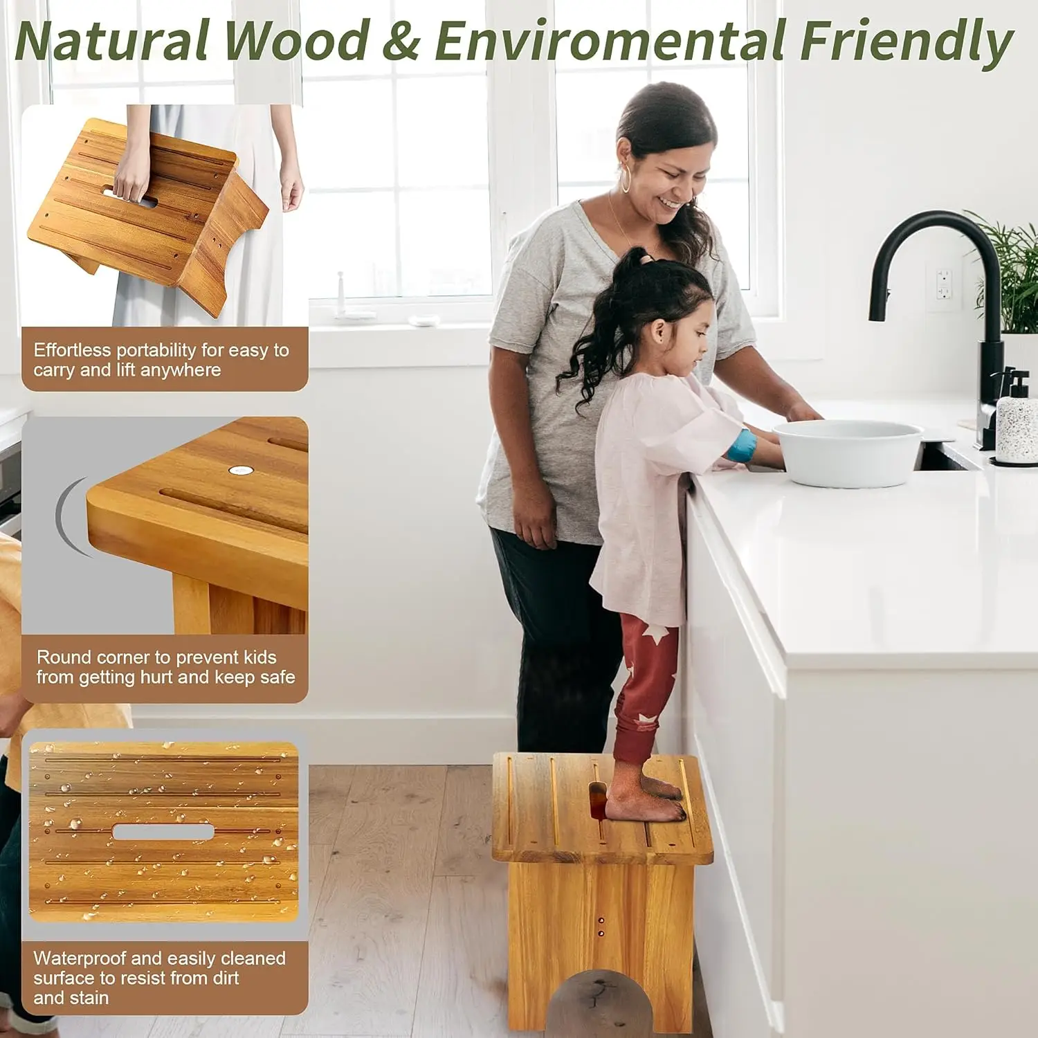 مقعد متدرج للبالغين، مقعد خشبي محمول مقاس 9 بوصات للأطفال، مقعد بجانب السرير عالي التحمل بخطوة واحدة بسعة تحميل 550 رطل #5