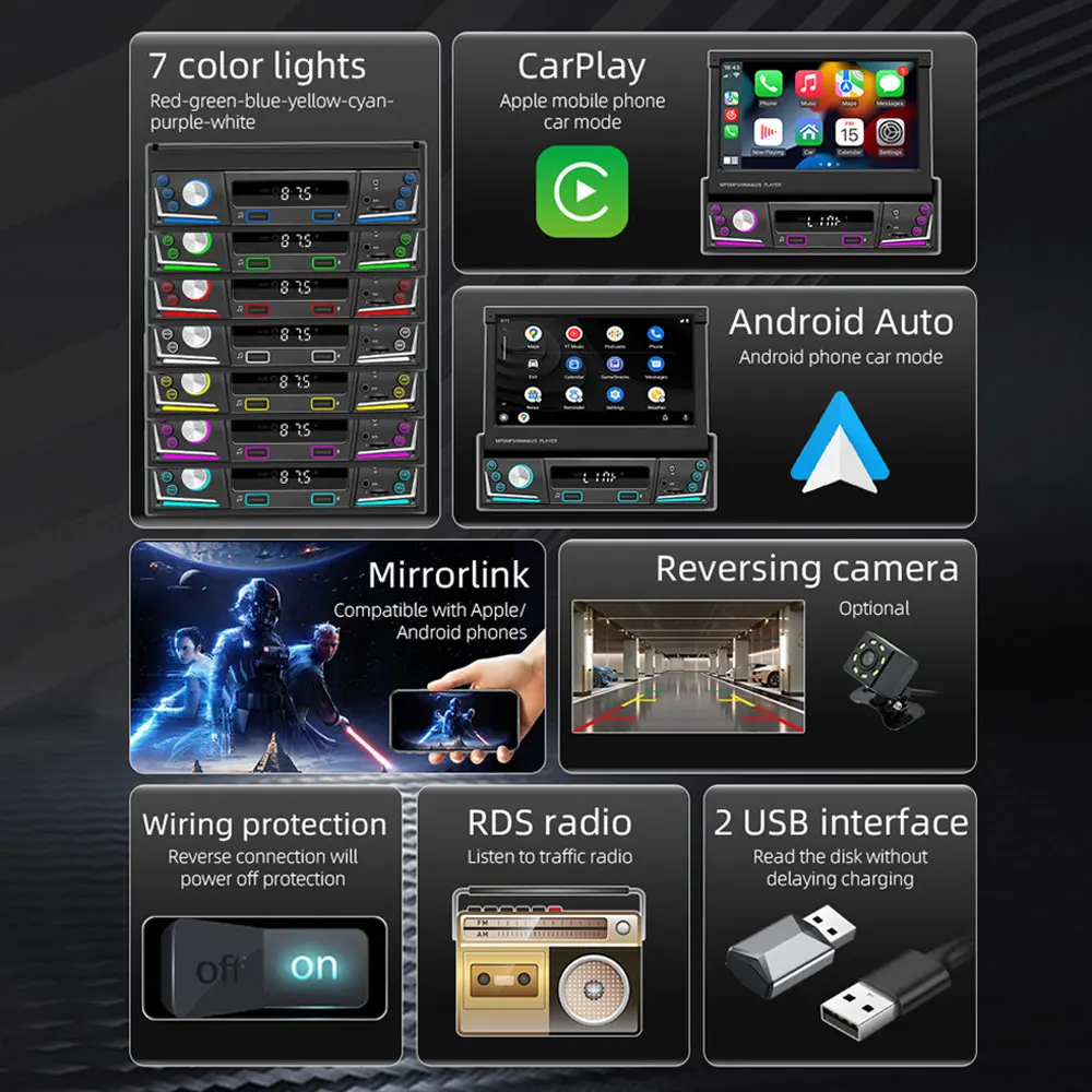 Radio para coche, reproductor de Radio con pantalla HD retráctil eléctrica de 7 pulgadas para coche, reproductor Multimedia MP5 de 1Din, Carplay inalámbrico, Android Auto
