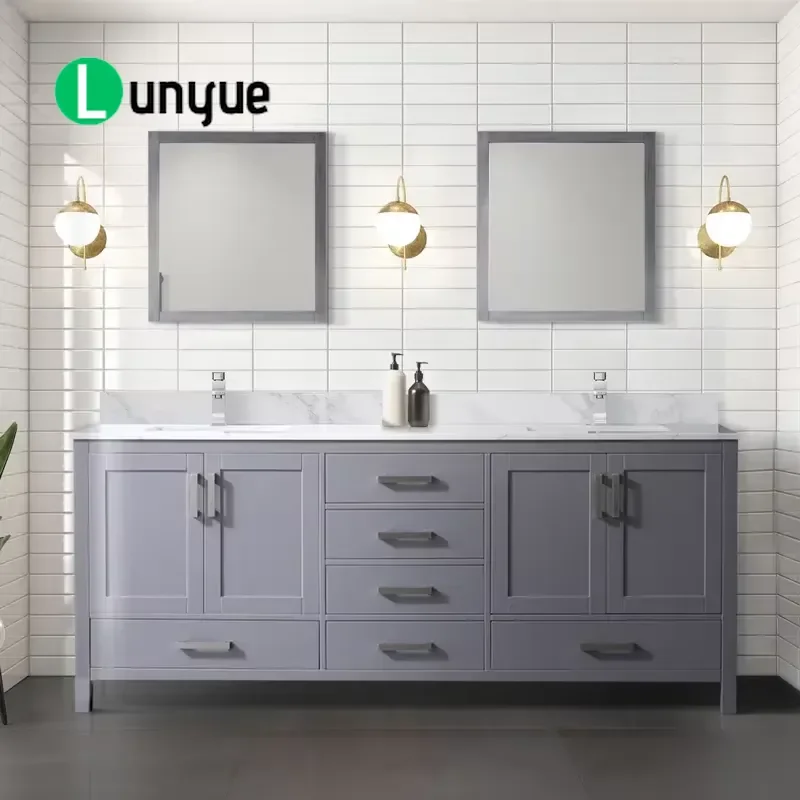 Modern 60 Inch Floor to Ceiling Bathroom Vanity Cabinet Grey Solid Wood MDF White Marble Countertop Ceramic Sink Durable Easy