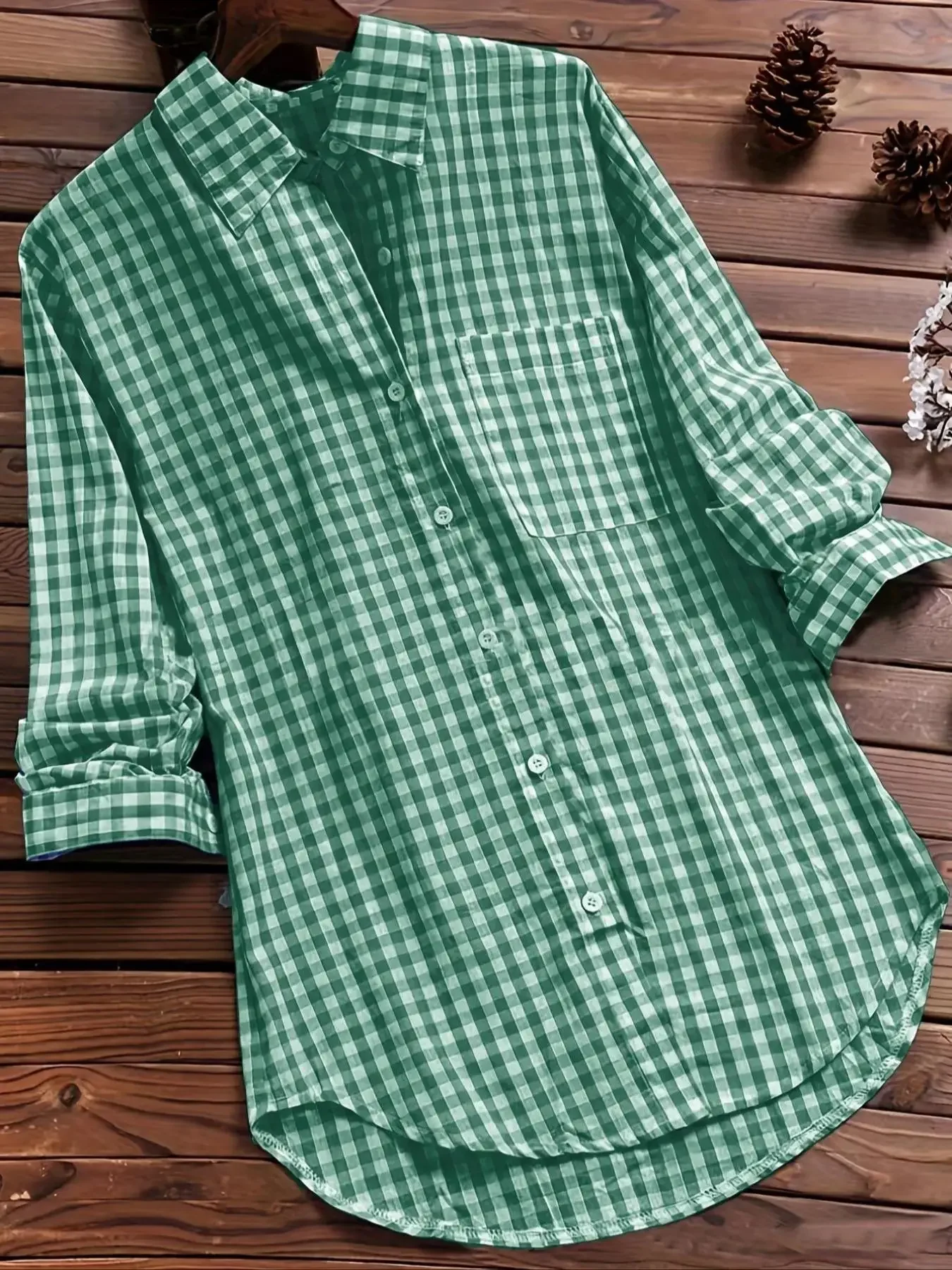 

Plus Size1Xl-5XL New Women Fashion Plaid Printed Shirt Long Sleeved Simple Lapel Design Casual Loose with Pocket Shirt Top