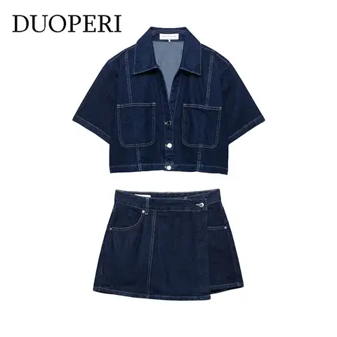 DUOPERI Women Fashion 2 Piece Sets Denim Navy Blue Short Sleeves Shirts & Casual Skirt Skort  Female Chic Shorts Sets