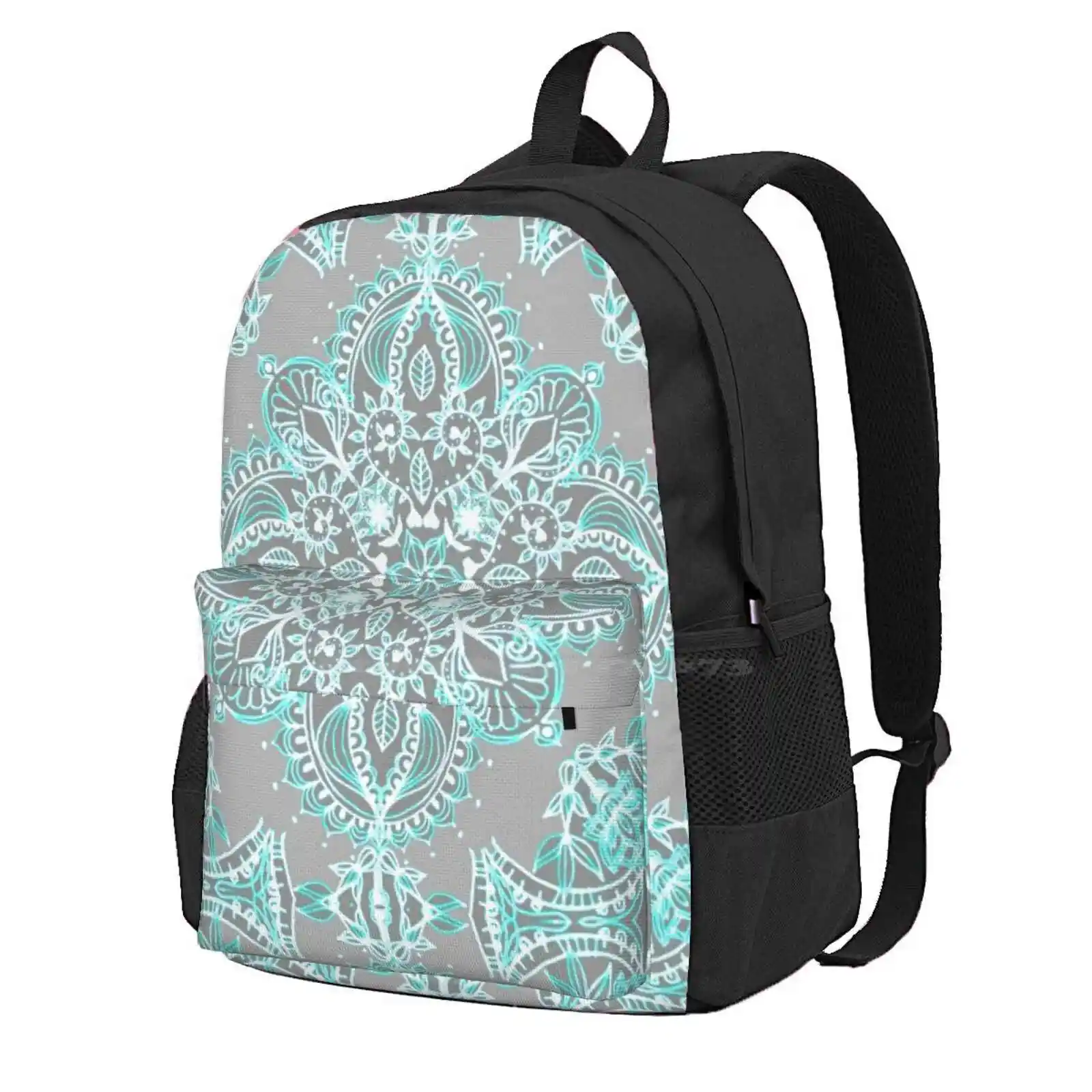 Teal And Aqua Lace Mandala On Grey Hot Sale Schoolbag Backpack Fashion Bags Aqua Teal Grey Lace Doodle Zentangle Boho Mandala