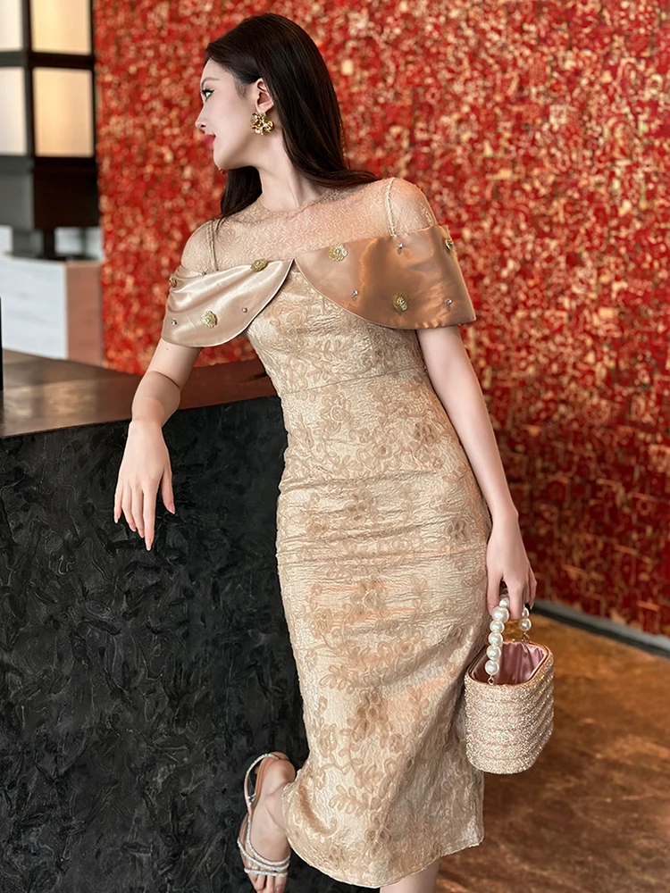 Elegante prachtige avondjurk dames Franse pailletten bloem pure mesh sexy feestjurk vrouwelijke vintage prom gewaad banket vestido