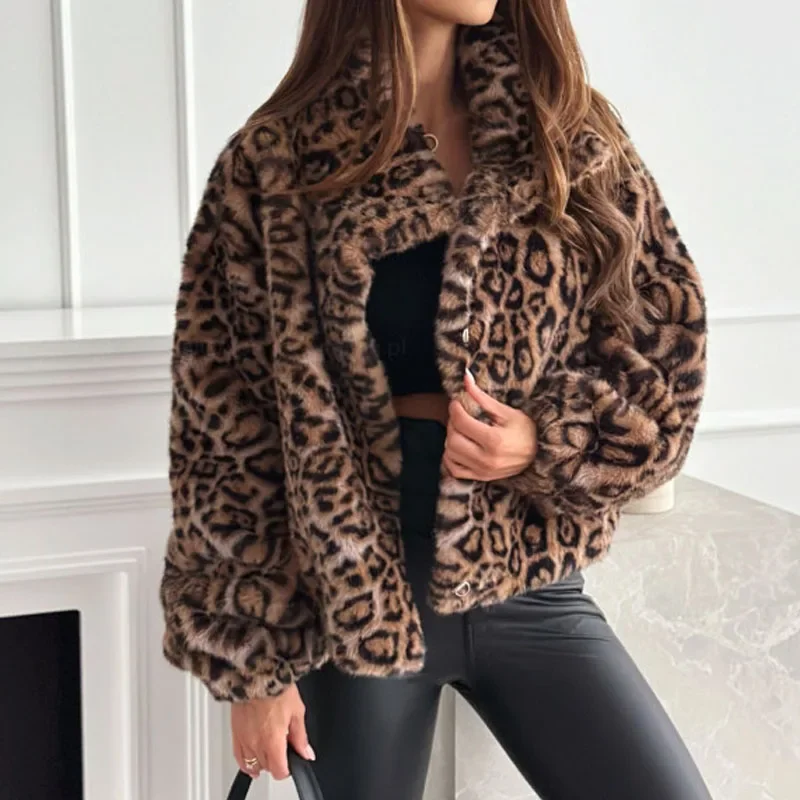 

New Women Casual Loose Outerwear Autumn Winter Fashion Leopard Printing Jacket Female Fluffy Laple Cardigan Coat Outwear