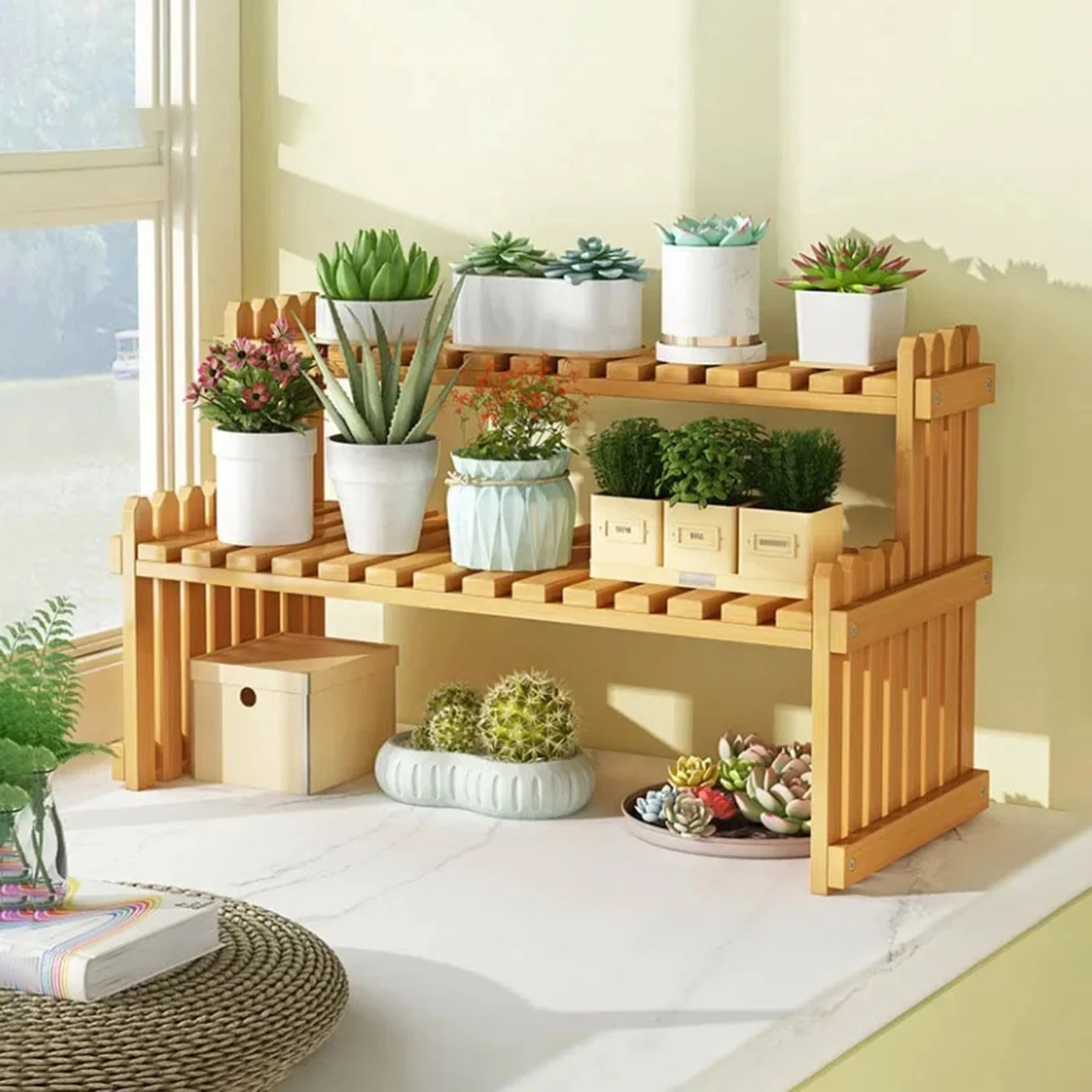 Flower Shelf Desktop Flower Stand Wooden Multifunctional Storage Shelf Tabletop Plant Stand Planter Holder for Balcony, Lawn