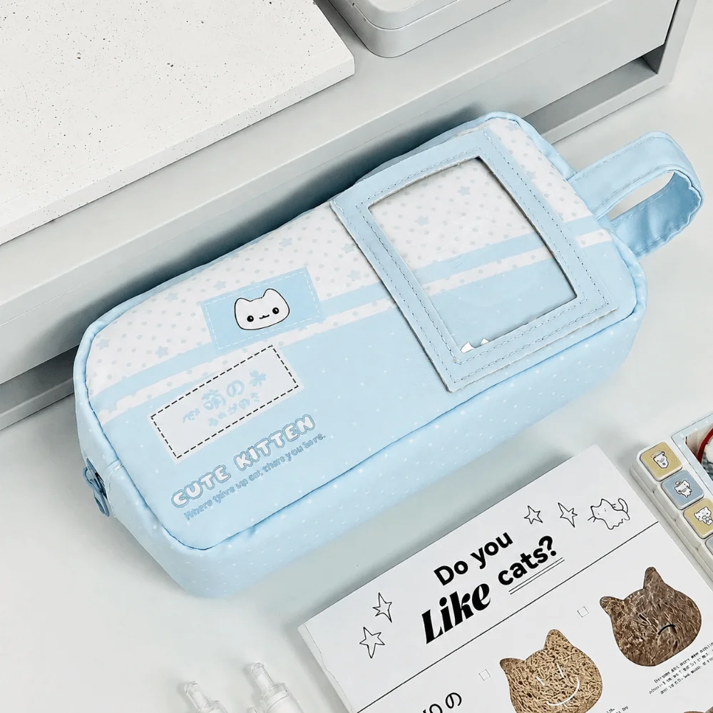 Durable Blue Pencil Case Cute Cat Large Capacity Pen Bag Polka Dot Print Stationery Bag School Supplies
