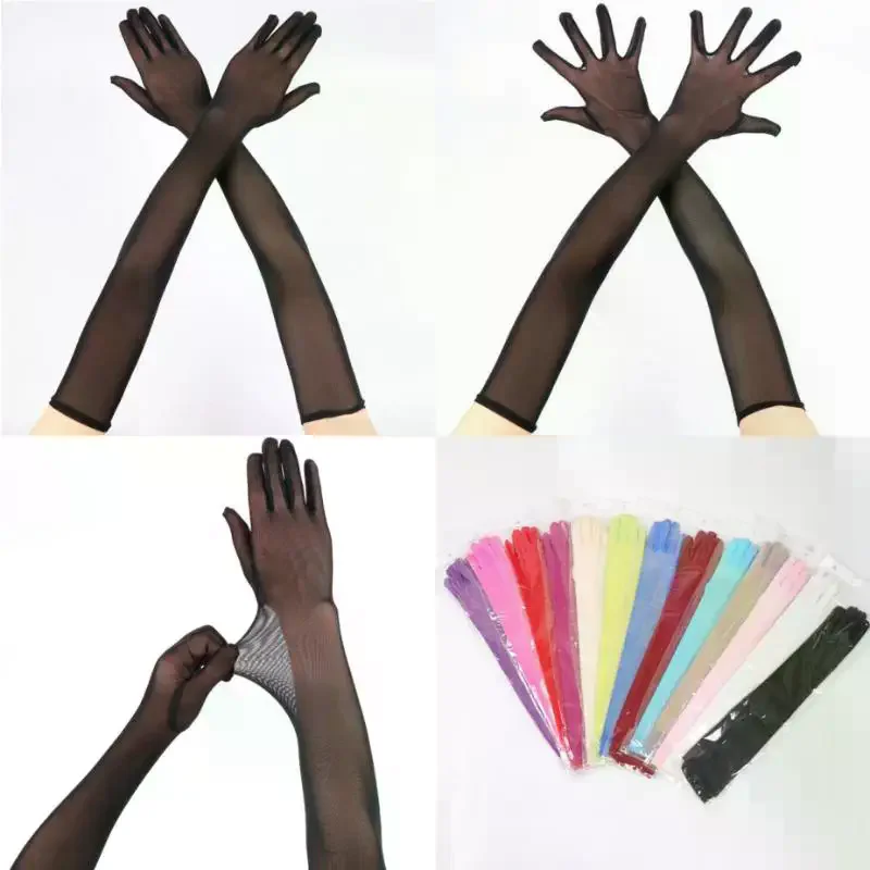 55CM Sexy Lace Thin Hollow Transparent Long Gloves Breathable Net Yarn Women Man Stage Performance Party Cosplay Elasticity