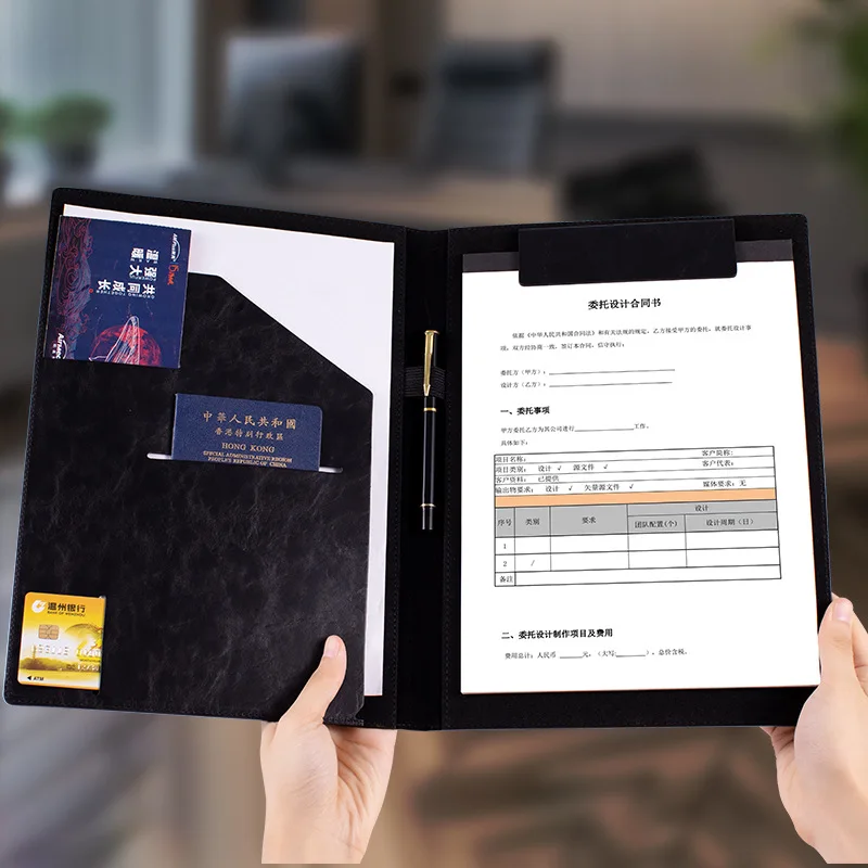 

Multifunctional A4 Leather Folder Clip Professional Business Style Portfolio for Office Document Presentation Pad with Storage