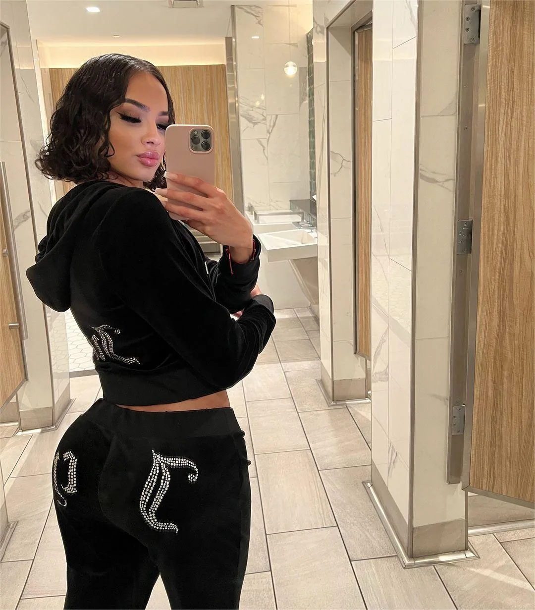 Diamond Letter Hoodie Velvet Tracksuit 2-Piece Set Rhinestone Zipper Crop Top+High Waist Jogging Sports Pants 2PCS Velour Sets