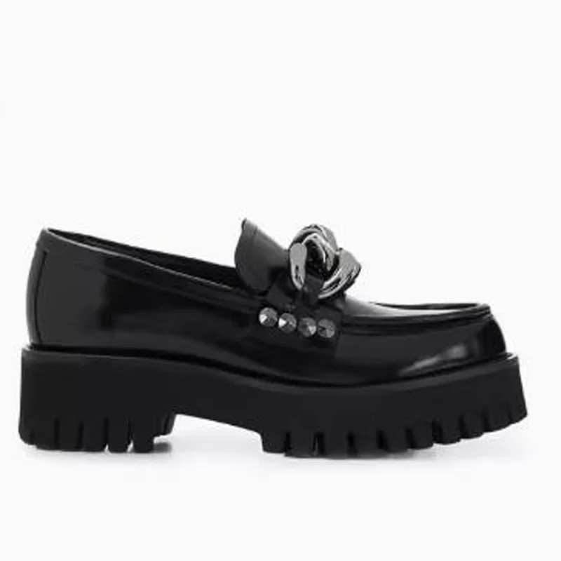 

Sliver Big Metal Chains Decor Black Genuine Leather Thick Sole Platform Loafers Women British Round Toe Slip On Leisure Shoes