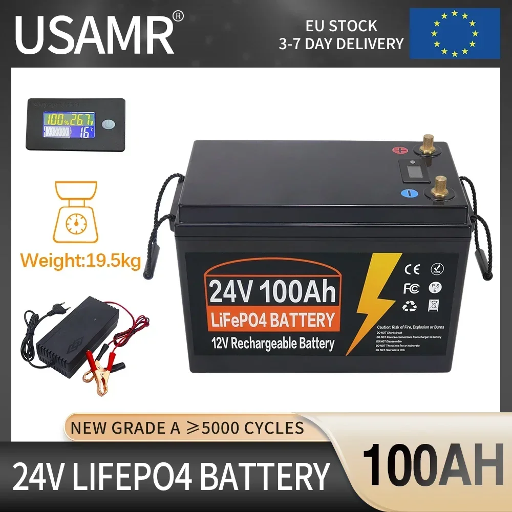 

24V 100Ah LiFePO4 Battery Built-in BMS Lithium Iron Phosphate Cells 5000 Cycles For RV Campers Golf Cart Solar Storage + Charger