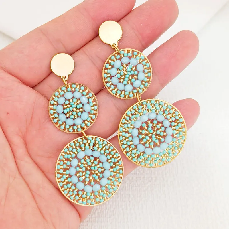 

Beaded earrings Roundness Double-deck Crystal Originality Hand knitting Bohemia Alloy Tide Simple Rice bead earrings