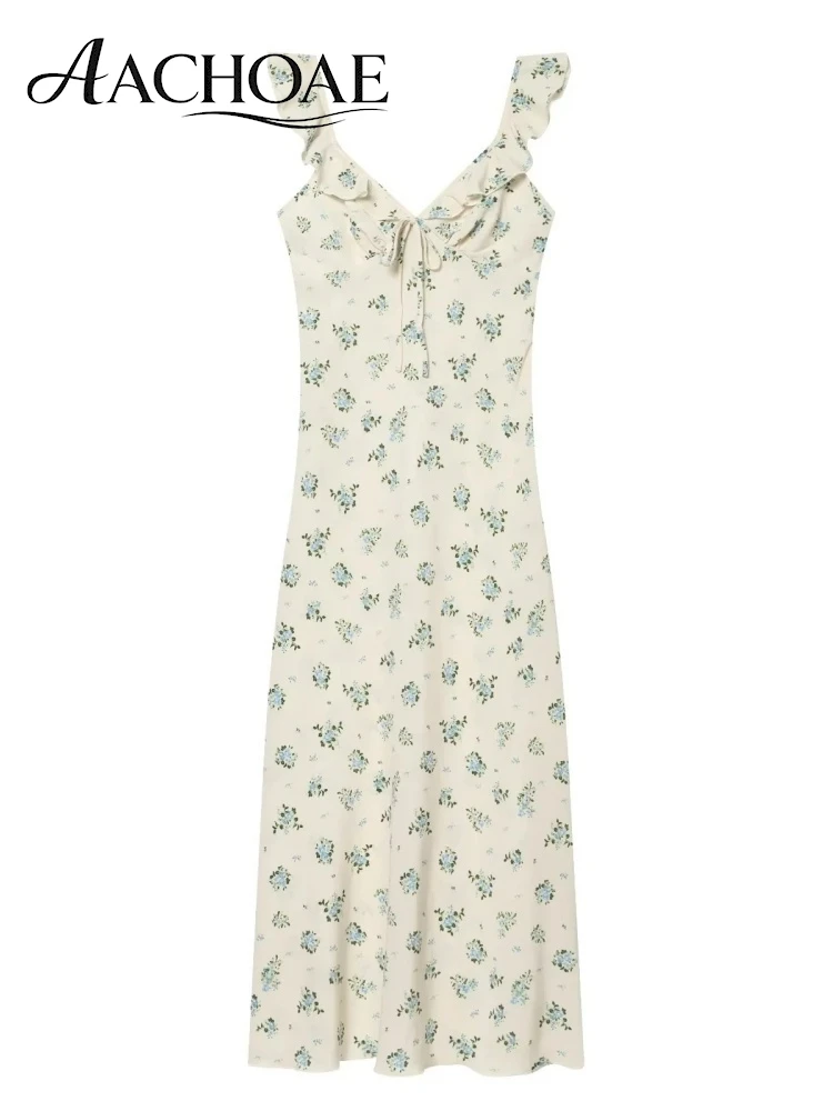 AACHOAE Women Floral Print Maxi Dress Ruffle Strap Sleeveless Summer Dress Vintage Boho Long Dress Elegant Beach Sundress