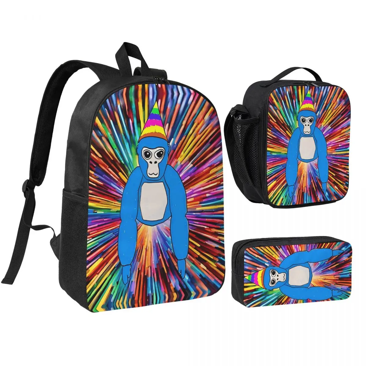 3pecs/set Kleurrijke Gorilla Tag Rugzak voor Student Game High School Canvas Tassen Lunchtas Etui