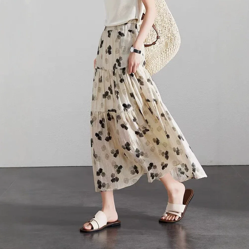 

Vintage Beige Floral Tiered Midi Skirt Elastic Waist Casual Flowy A-line Skirt Women Summer Chic Streetwear Beachwear Outfits