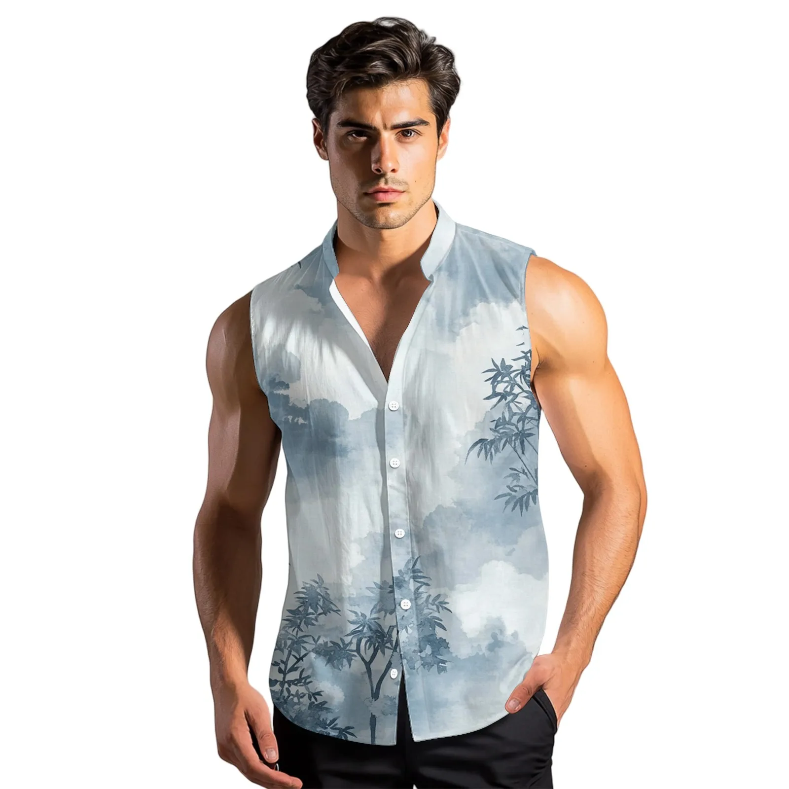 

Summer Men'S Polo Shirt Printed Men'S Fashion Printed Sleeveless Lapel Button-Down Shirt Vest Top Button Casual Men'S Clothes