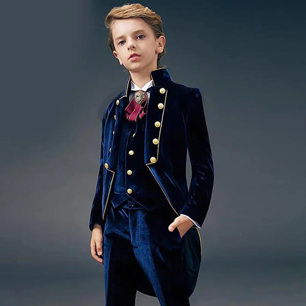 Chic Velvet Boys Suits Stand Collar Party Wedding Children Tailcoats Fashion Banquet Prom Formal Customized Kids Clothes 3 Piece