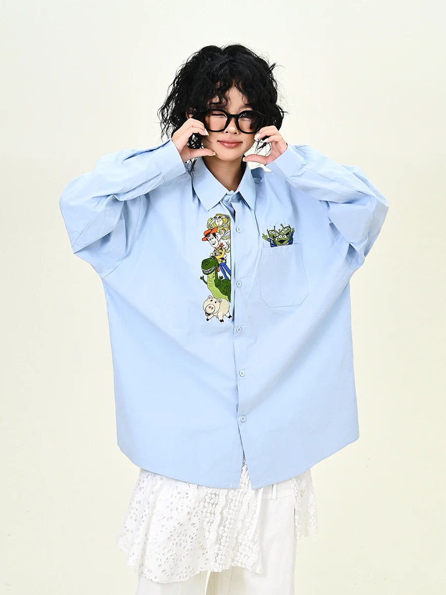 

Синяя свободная женская рубашка с длинными рукавами и забавным мультяшным принтом, модный топ в уличном стиле, удобная повседневная модная одежда, осенняя новинка