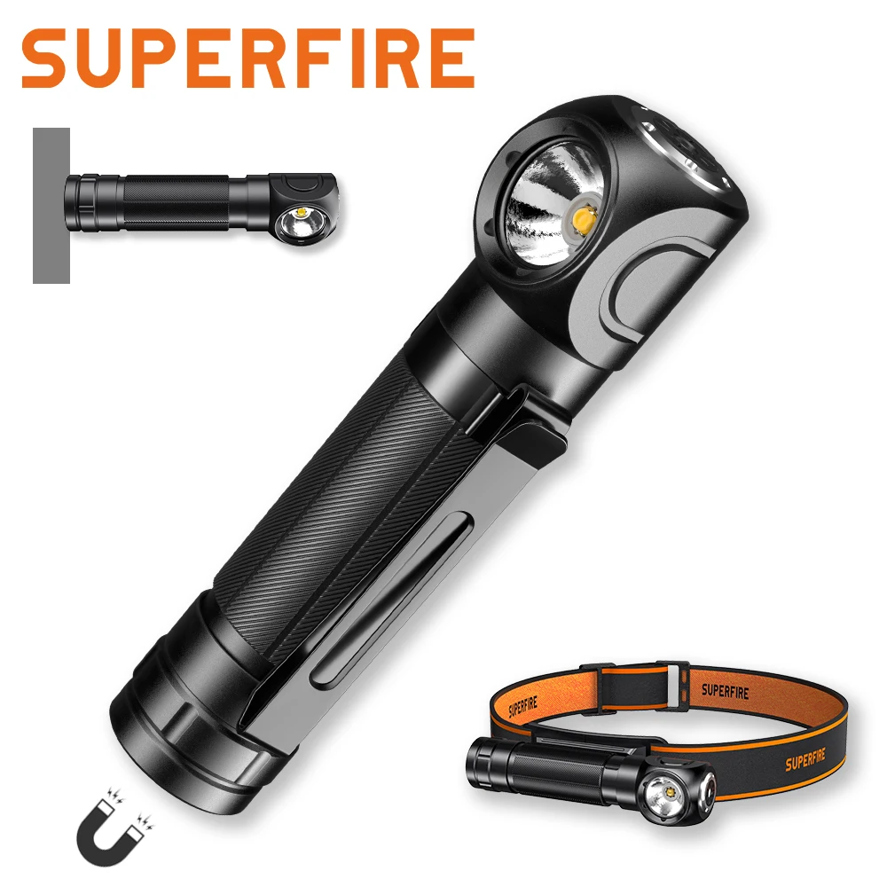 New SUPERFIRE TH04 LED Headlamp Type C Rechargeable 90° Headlight 18650 Flashlight with Indicator Magnet Tail, Head Flashlight 