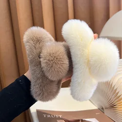 Girls Cute Fluffy Rabbit Fur Hair Claw Women Autumn Winter Ponytail Holder Fashion Solid Back Head Shark Clip Hair Accessories