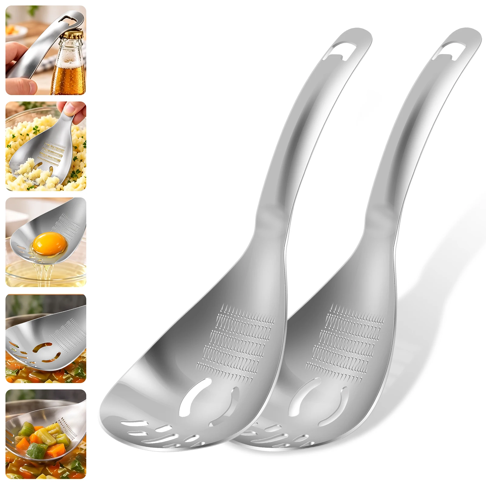2Pcs Stainless Steel Slotted Spoon Set Multi-Functional Kitchen Utensil with Strainer Slot Cooking Tool for Egg Separator Masher