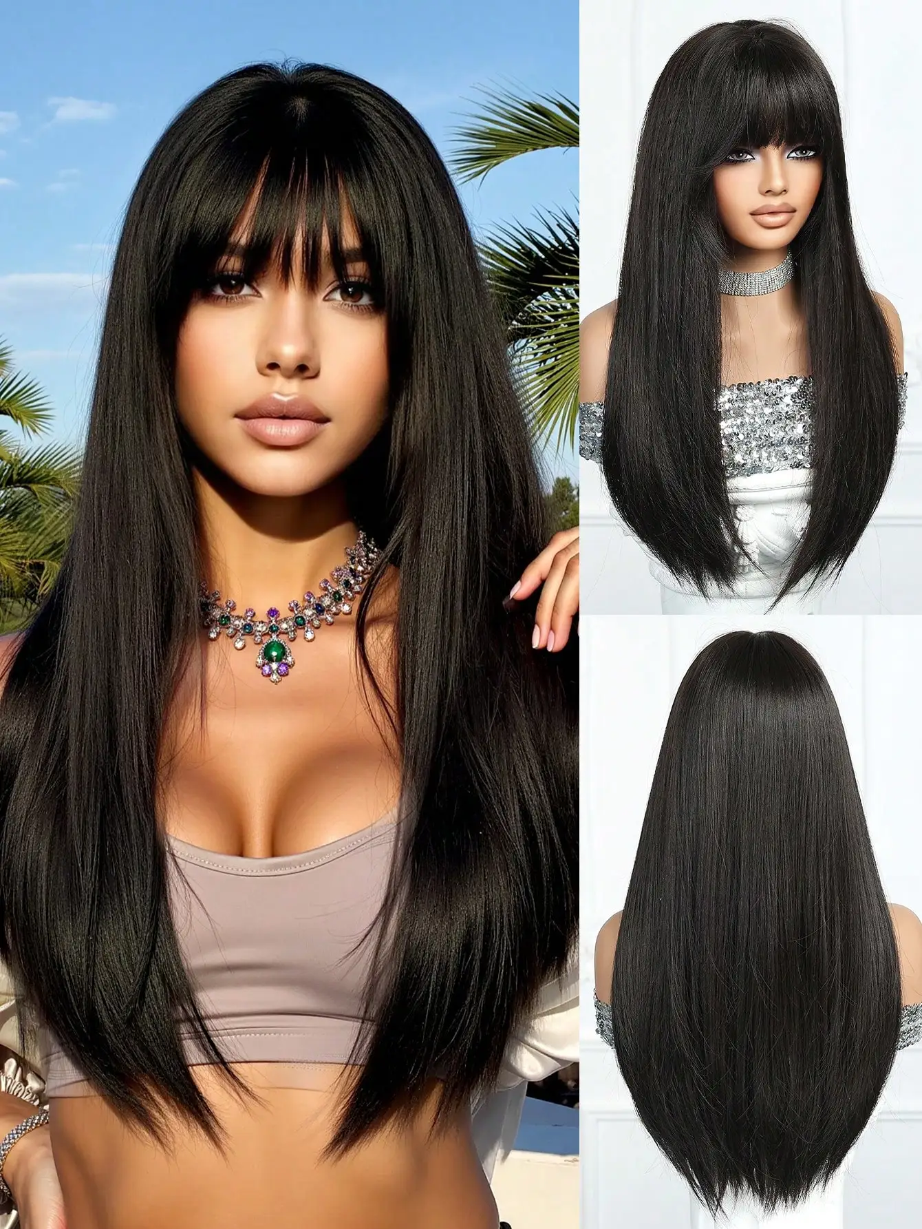 24inch Black Wigs for Women Machine Synthetic Long Straight Hair Wig with Wavy Synthetic Wigs Heat Resistant for Daily Use