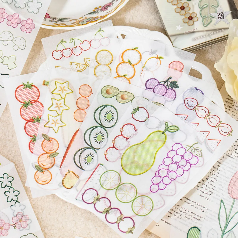 20Pcs Embroidery Color Market PET Cut Sticker Book, Floral Fruit Pattern Stickers for Diary Album Decoration