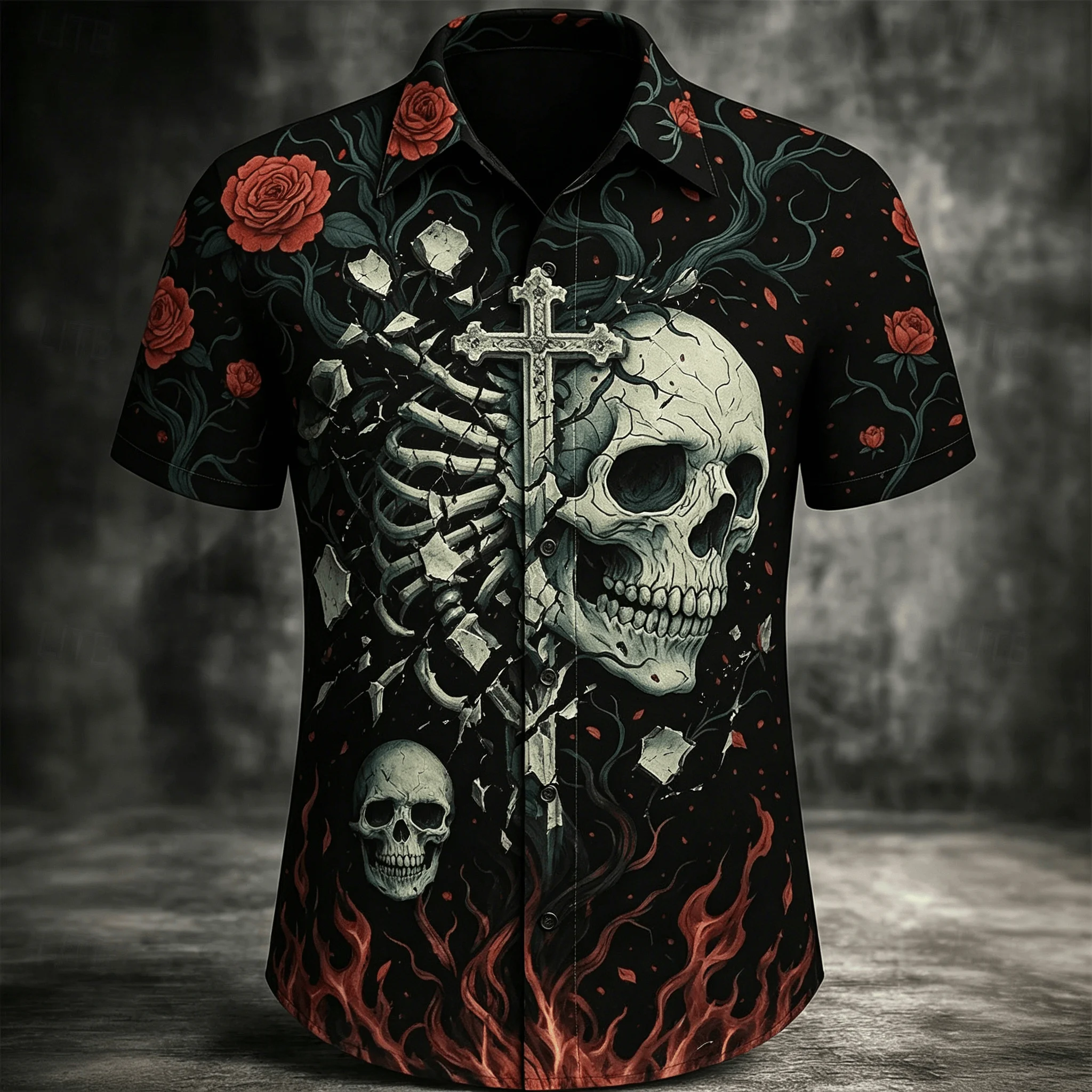 

Men's Gothic Skull Rose Cross Flame Print Short Sleeve Shirt, Dark Aesthetic Spring Summer Wear