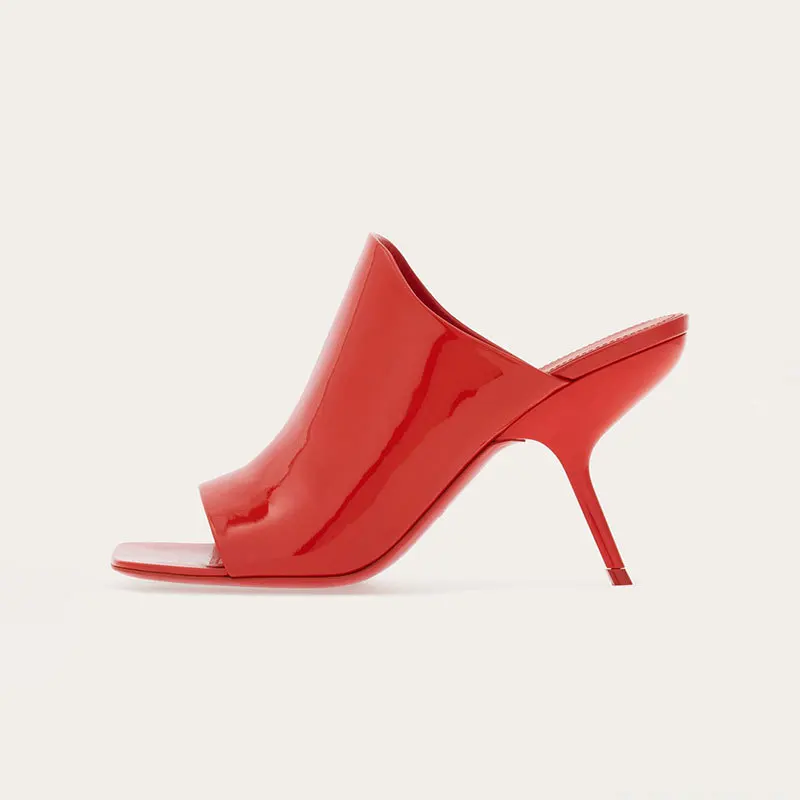 

New Black and Red Minimalist High-heeled Slippers Summer Patent Leather Fish Mouth Exposed Toe Women's Sandals size 34-43