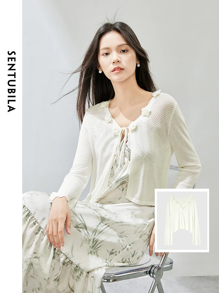 SENTUBILA Off White Lace-up Hollow Out Cardigan 2024 Spring New Solid V-neck Long Sleeve Top Elegant Soft Woman Coat W42W53922