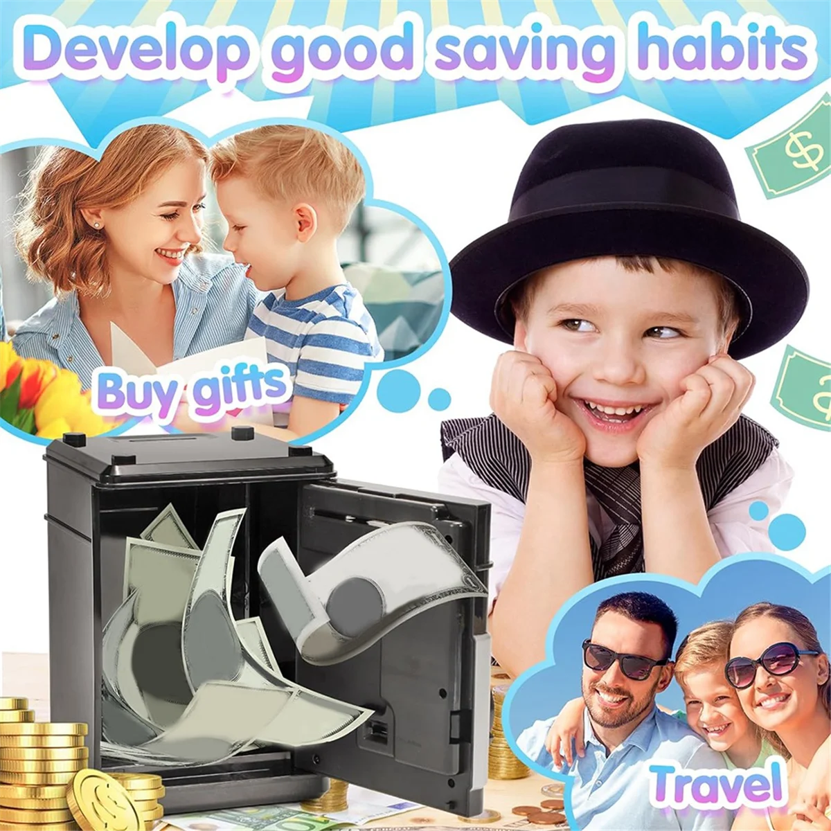 Piggy Bank Cash Coin Can ATM Bank Coin Money Bank for Kids Gift Black