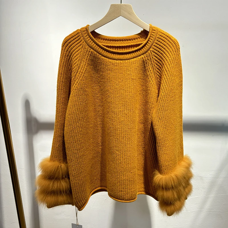 2025 Women Winter Thick Blue Natural Fox Fur Girl Autumn Classic Colorful Sweater Knitted Coat