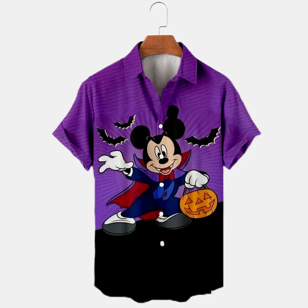 2023 New Halloween Collection Disney Brand Stitch and Mickey Anime 3D Printed Men's Lapel Short Sleeve Hawaiian Shirt Y2k