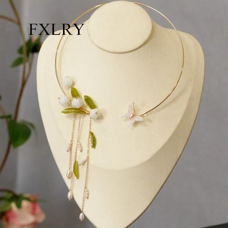 FXLRY Original Handmade Natural Pearl Elegant Lily Of The Valley Flowers Chokers Necklace For Women Jewelry