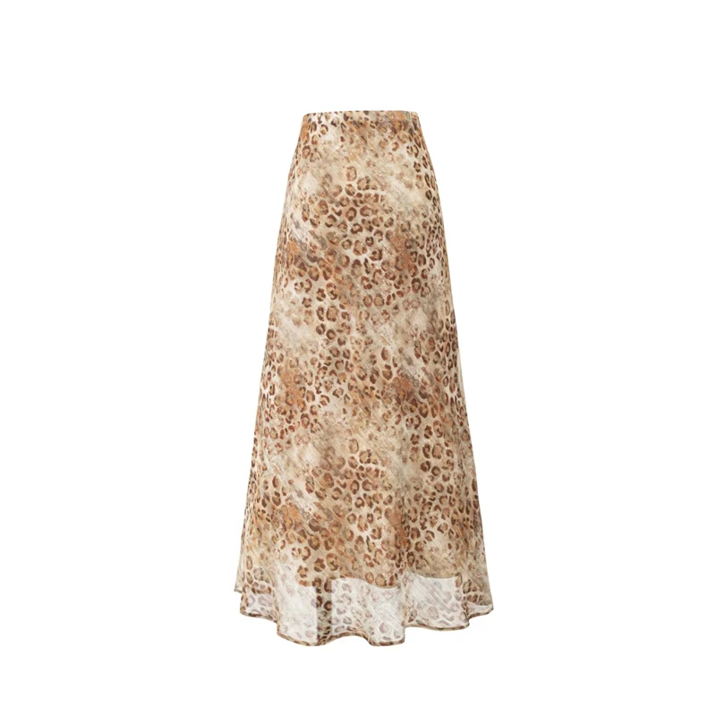 KEYANKETIAN 2026 Retro Safari-Inspired Flowy Maxi Skirt High Waist Watercolor Leopard Print, Chiffon Fabric Flared Hem Skirt