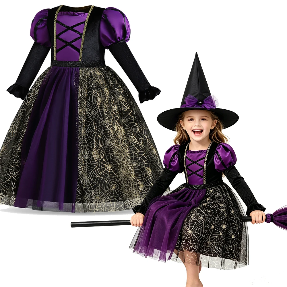 Schwarzes Hexenkleid-Kostüm für Mädchen im Alter von 3 4 5 6 7 8 9 10 Jahren, Halloween, Karneval, Party, Bühnenauftritt, Kinderkleid, langärmliges Outfit – Detail 5