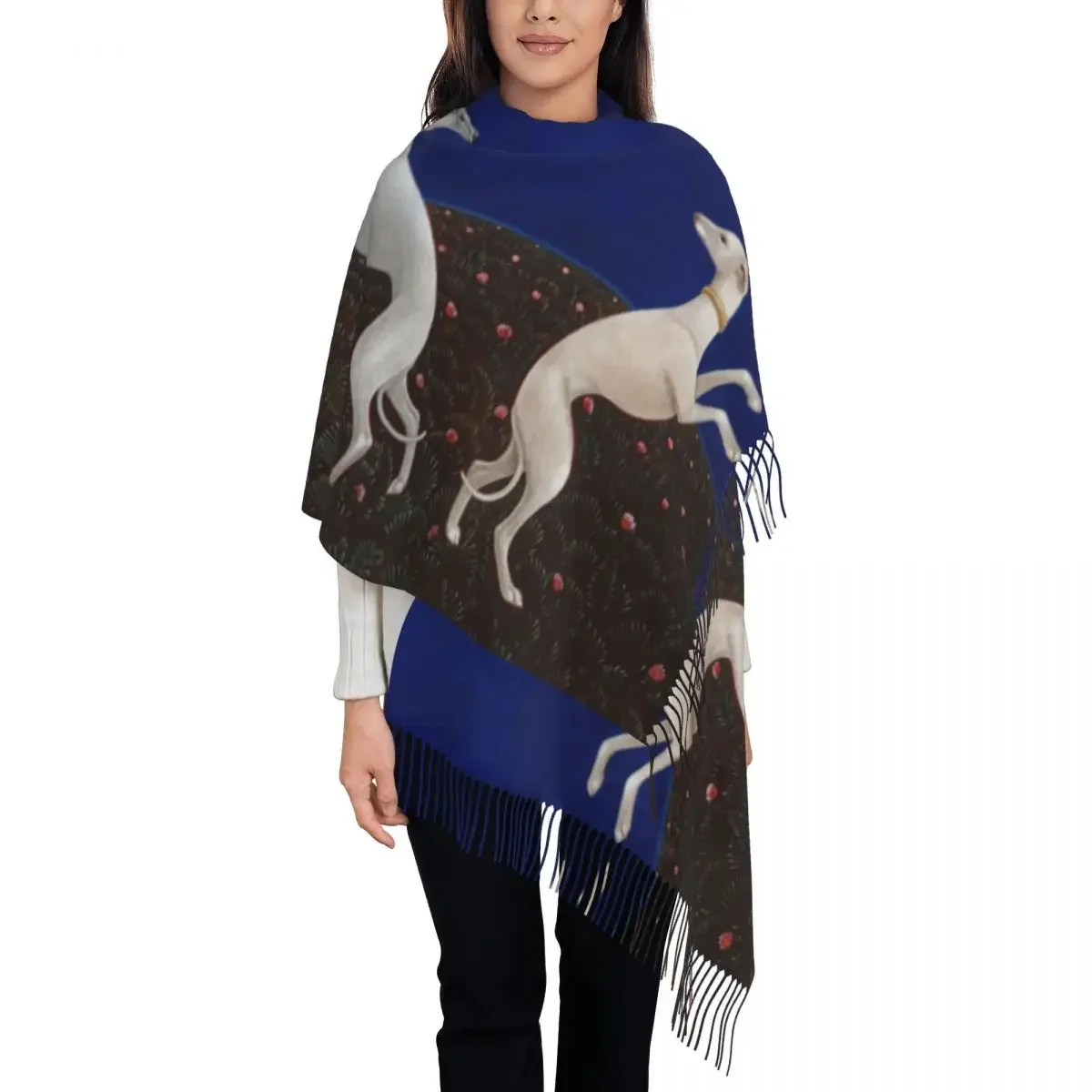 Cute Greyhound Whippet Dog Tassel Scarf Women Soft Sihthound Animal Shawls Wraps Lady Winter Scarves